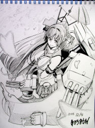 Rule 34 | 10s, 1girl, anchor, bare shoulders, blush, breasts, cannon, cherry blossoms, detached sleeves, flower, from side, graphite (medium), greyscale, hair flower, hair ornament, headgear, kantai collection, large breasts, long hair, looking at viewer, looking up, machinery, monochrome, neroma shin, oil-paper umbrella, petals, ponytail, sketch, smile, solo, tassel, traditional media, turret, umbrella, very long hair, wind, yamato (kancolle)