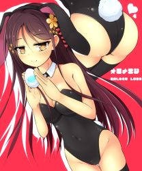 Rule 34 | 1girl, animal ears, ass, bare shoulders, black leotard, black thighhighs, blush, breasts, brown hair, cleavage, closed mouth, covered navel, cowboy shot, detached collar, easter egg, egg, fake animal ears, flower knight girl, hair between eyes, heart, highres, leotard, long hair, looking at viewer, medium breasts, ominaeshi (flower knight girl), orange eyes, outline, playboy bunny, rabbit ears, rabbit girl, red background, smile, solo, standing, thigh gap, thighhighs, whether, white outline, wing collar