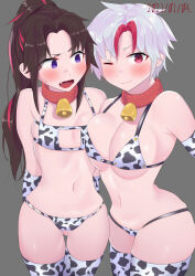 Rule 34 | 2girls, absurdres, animal print, arms behind back, bikini, black hair, blush, breast press, breasts, closed mouth, collar, cow print, cow print bikini, cow print gloves, cow print thighhighs, cowboy shot, dated, dot nose, elbow gloves, embarrassed, eyebrows, eyelashes, fang, female focus, gloves, grey background, han&#039;you no yashahime, highres, higurashi towa, inuyasha, large breasts, legs together, long hair, looking at another, looking at viewer, medium breasts, multicolored hair, multiple girls, navel, neck bell, nervous, one eye closed, open mouth, pet play, ponytail, pov, print bikini, print gloves, print thighhighs, purple eyes, red eyes, red hair, setsuna (inuyasha), short hair, shoulder-to-shoulder, siblings, simple background, sisters, smile, standing, sweat, swimsuit, thigh gap, thighhighs, tomboy, two-tone hair, white hair, wide hips, wink
