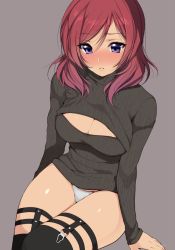 Rule 34 | 10s, 1girl, black thighhighs, blush, breasts, cleavage, cleavage cutout, clothing cutout, jpeg artifacts, large breasts, legwear garter, looking at viewer, love live!, love live! school idol project, mataro (matarou), meme attire, nishikino maki, no pants, open-chest sweater, panties, parted lips, purple eyes, red hair, ribbed sweater, short hair, simple background, sitting, solo, sweater, thighhighs, turtleneck, underwear, white panties