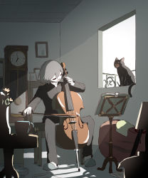 Rule 34 | 1boy, :d, absurdres, avogado6, bean bag chair, black cat, black pants, black shirt, bow (music), cat, cello, clock, closed eyes, commentary request, cup, drawing (object), flower, grandfather clock, grey hair, highres, holding, holding instrument, indoors, instrument, long sleeves, music, music stand, open mouth, original, pants, parted lips, picture frame, playing instrument, shirt, sidelighting, sitting, slippers, smile, solo, vase