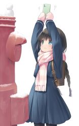 Rule 34 | 1girl, aqua eyes, arms up, backpack, bag, blue skirt, blush, braid, brown hair, cellphone, closed mouth, commentary request, cowboy shot, highres, holding, holding phone, japanese cylindrical postbox, long hair, looking at object, mittens, na-ga, original, pantyhose, phone, pink scarf, randoseru, scarf, school uniform, skirt, smartphone, snow, snowman, solo, standing, taking picture, twin braids, white background, winter clothes