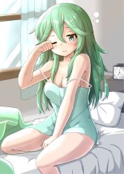 Rule 34 | 1girl, alternate costume, bad id, bad nicoseiga id, bed, bedroom, blue eyes, blush, breasts, camisole, cleavage, closed mouth, green hair, hair between eyes, highres, kantai collection, large breasts, long hair, looking at viewer, on bed, one eye closed, pillow, sakuramai (sakuramai 0525), sitting, sleepwear, solo, waking up, window, yamakaze (kancolle)