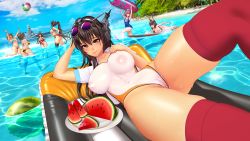 Rule 34 | 6+girls, ahoge, animal ears, armpits, arms up, ass, azur lane, back, ball, beachball, bikini, black hair, black legwear, blue bikini, blue sky, breasts, brown eyes, brown hair, cameltoe, cleft of venus, cloud, commentary, covered erect nipples, english commentary, eyewear on head, flying sweatdrops, food, fruit, headgear, highres, historical name connection, i-168 (kancolle), inflatable raft, kantai collection, kirishima (kancolle), kongou (kancolle), long hair, looking at viewer, lucknight, lying, multiple girls, mutsu (kancolle), nagato (azur lane), nagato (kancolle), name connection, navel, on back, on stomach, one-piece swimsuit, open mouth, outdoors, ponytail, red legwear, school swimsuit, see-through, ship, short hair, single thighhigh, sky, small breasts, smile, striped bikini, striped clothes, sunglasses, surfboard, swimsuit, thighhighs, tree, wading, watercraft, watermelon, watermelon slice, wet, yamato (kancolle), yellow bikini