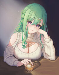 Rule 34 | 1girl, absurdres, alcohol, bare shoulders, blush, breast rest, breasts, breasts on table, cleavage, cleavage cutout, clothing cutout, cup, drinking glass, elbow rest, green hair, hair ornament, hairclip, half updo, hand on own cheek, hand on own face, head rest, highres, ice, ice cube, jewelry, large breasts, light smile, long hair, long long life, long sleeves, looking at viewer, meme attire, mole, mole on breast, necklace, official alternate costume, open-chest sweater, purple eyes, ribbed sweater, seductive smile, shoulder cutout, smile, solo, sweater, swept bangs, turtleneck, virtual youtuber, vspo!, whiskey, white sweater, yakumo beni, yakumo beni (3rd costume)