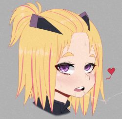 Rule 34 | 1girl, blonde hair, blush, flip flappers, gomi53, grey background, headgear, heart, highres, looking at viewer, multicolored hair, open mouth, purple eyes, red hair, saliva, saliva trail, simple background, solo, yayaka