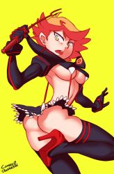 Rule 34 | 1girl, absurdres, amanda o&#039;neill, artist name, ass, black gloves, black thighhighs, blonde hair, boots, breasts, combos &amp; doodles, cosplay, gloves, green background, green eyes, high heel boots, high heels, highres, kill la kill, little witch academia, medium breasts, multicolored hair, navel, open mouth, red hair, senketsu, short hair, simple background, solo, standing, standing on one leg, teeth, thigh boots, thighhighs, tongue, two-tone hair, underboob, upper teeth only, wand