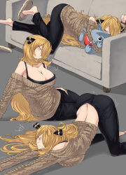 Rule 34 | 1girl, puff of air, ass, black bra, black pants, blonde hair, bra, breasts, brown sweater, cat stretch, cleavage, closed eyes, closed mouth, couch, creatures (company), cynthia (pokemon), game freak, gen 4 pokemon, gible, grey eyes, hair over one eye, highres, hugging object, large breasts, long hair, lying, multiple views, nintendo, off shoulder, on couch, on floor, on side, on stomach, pants, pokemon, pokemon dppt, ribbed sweater, shimure (460), shoe dangle, slippers, stretching, sweater, top-down bottom-up, underwear