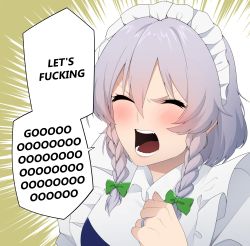 Rule 34 | 1girl, absurdres, apron, blush, bow, braid, clenched hand, english text, closed eyes, fang, frills, green bow, hair bow, highres, izayoi sakuya, jewelry, maid, maid headdress, meme, open mouth, ring, short hair, shouting, side braid, silver hair, simple background, single braid, solo, speech bubble, touhou, twin braids, umisaki, upper body, white background
