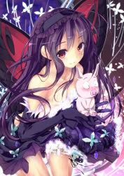 Rule 34 | 10s, 1girl, accel world, antenna hair, arita haruyuki, bare shoulders, black hair, blush, brown eyes, bug, butterfly, butterfly wings, elbow gloves, gloves, hairband, highres, insect, insect wings, kuroyukihime, lolita hairband, long hair, pig, smile, wings, yagami shuuichi