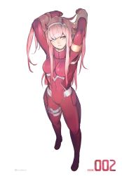 Rule 34 | 10s, 1girl, arms up, artist name, blue eyes, bodysuit, breasts, covered navel, darling in the franxx, full body, highres, horns, long hair, medium breasts, pink hair, red bodysuit, roodiwn, simple background, smile, solo, white background, zero two (darling in the franxx)