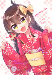 Rule 34 | 1girl, :d, blush, bow, braid, brown hair, checkered background, dutch angle, eyelashes, furisode, hair between eyes, hair bow, highres, hikawa shou, idolmaster, idolmaster cinderella girls, japanese clothes, kimono, leaning to the side, long hair, looking at viewer, low twin braids, low twintails, matoba risa, obi, obijime, open mouth, pinching sleeves, red kimono, sash, smile, solo, twin braids, twintails, upper body, v-shaped eyebrows, yellow eyes