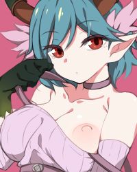 Rule 34 | 1girl, bare shoulders, blue hair, breasts, c (control), choker, collarbone, detached sleeves, dress, feather hair, horns, kuro mushi, large breasts, looking at viewer, nipples, one breast out, pink background, pointy ears, purple choker, purple dress, q (control), red eyes, ribbed dress, ribbed sleeves, solo, strap lift, strap pull, swept bangs, underbust, upper body