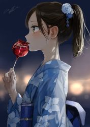 Rule 34 | 1girl, absurdres, blue kimono, blurry, blurry background, blush, brown eyes, brown hair, candy apple, commentary request, depth of field, floral print, food, hair ornament, hair scrunchie, hand up, highres, holding, holding food, japanese clothes, kimono, long sleeves, looking away, obi, original, parted lips, pomu (joynet), ponytail, print kimono, profile, revision, sash, scrunchie, short hair, solo, upper body, white scrunchie, wide sleeves, yukata