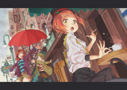 Rule 34 | 10s, 3girls, awning, black legwear, black skirt, brick wall, brown hair, coffee cup, cup, disposable cup, earrings, fire escape, hat, hello hoshi wo kazoete, hoshizora rin, jacket, jewelry, koizumi hanayo, lamppost, looking at viewer, love live!, love live! school idol festival, love live! school idol project, multiple girls, nail polish, nishikino maki, open mouth, orange hair, outdoors, outstretched arms, pantyhose, purple eyes, rain, red hair, red umbrella, sawada wani, shirt, short hair, shorts, skirt, striped clothes, striped shirt, suspenders, table, top hat, umbrella, white shirt, window, yellow eyes