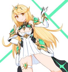 Rule 34 | 1girl, bare shoulders, blonde hair, breasts, cleavage, cleavage cutout, clothing cutout, dress, earrings, elbow gloves, gem, gloves, hair ornament, headpiece, jewelry, large breasts, long hair, looking at viewer, mythra (xenoblade), neon trim, nintendo, paskmel, simple background, solo, swept bangs, thigh strap, tiara, very long hair, white background, white dress, xenoblade chronicles (series), xenoblade chronicles 2, yellow eyes