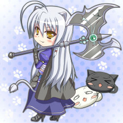 Rule 34 | 10s, 1girl, ahoge, animal ears, armor, axe, bad id, bad pixiv id, blush, cat, cat ears, cat tail, cathead, chibi, dog days, fang, kuma (happylocation), leonmitchelli galette des rois, long hair, silver hair, solo, tail, weapon, yellow eyes