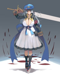 Rule 34 | 1girl, arm at side, arm up, armband, bag, black socks, blood, blood splatter, blue bow, blue hair, blue hat, blue ribbon, bow, breasts, cleavage, closed mouth, covered erect nipples, dress, full body, grey background, hat, hat ornament, heart, heart print, highres, holding, holding sword, holding weapon, huge breasts, huge weapon, jewelry, kneehighs, kouno (masao), large breasts, long hair, long sleeves, looking at viewer, necklace, original, pendant, photoshop (medium), red eyes, revision, ribbon, shoes, sleeves past wrists, smile, socks, solo, standing, sword, weapon, white dress, white footwear, yellow eyes