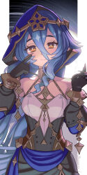 Rule 34 | 1girl, absurdres, black dress, black gloves, blue hair, claw ring, closed mouth, crossed bangs, dark blue hair, detached sleeves, dress, drill hair, drill sidelocks, facing viewer, genshin impact, gloves, hands up, highres, hood, hood up, layla (genshin impact), long hair, long sleeves, paisen, sidelocks, smile, solo, twin drills, upper body, yellow eyes