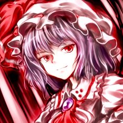 Rule 34 | 1girl, ascot, bad id, bad pixiv id, bow, brooch, face, female focus, gem, hat, hat ribbon, jewelry, minust, purple hair, red eyes, remilia scarlet, ribbon, short hair, slit pupils, smile, solo, touhou