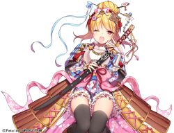 Rule 34 | 1girl, ;o, armor, bad id, bad pixiv id, black thighhighs, blonde hair, blush, bow, byulzzi, floral print, frills, hair up, holding, holding weapon, japanese armor, japanese clothes, kusazuri, long sleeves, official art, one eye closed, open mouth, original, red eyes, sengoku gensoukyoku, shoulder armor, sleepy, sode, solo, sword, thighhighs, watermark, weapon, white background, wink, yawning