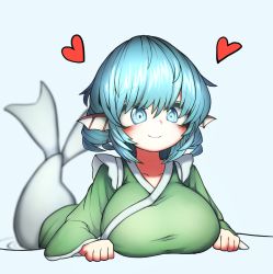 Rule 34 | 1girl, blue eyes, blue hair, blush, breasts, drill hair, drill sidelocks, fins, head fins, heart, hh, highres, japanese clothes, kimono, large breasts, long sleeves, mermaid, monster girl, partially submerged, short hair, sidelocks, simple background, smile, solo, touhou, wakasagihime, white background, wide sleeves