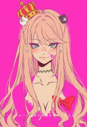 Rule 34 | 1girl, alternate hairstyle, artist name, bear hair ornament, blonde hair, bow, breasts, cleavage, collarbone, criis-chan, crown, danganronpa: trigger happy havoc, danganronpa (series), enoshima junko, hair down, hair ornament, large breasts, long hair, looking at viewer, pink background, shirt, simple background, smile, solo