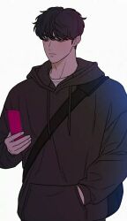 Rule 34 | 1boy, black hair, black sweater, cellphone, go eunhyeok, grey eyes, highres, operation: true love, phone, serious, short hair, simple background, sweater, white background