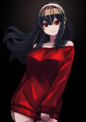 Rule 34 | 1girl, black background, black hair, closed mouth, dress, earrings, gold earrings, hairband, highres, jewelry, long hair, looking at viewer, makaroll, red eyes, red sweater, smile, solo, spy x family, sweater, sweater dress, white hairband, yor briar