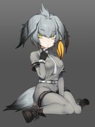 Rule 34 | 10s, 1girl, ahoge, asymmetrical hair, belt, between legs, black footwear, black gloves, blonde hair, boots, breast pocket, collared shirt, finger to own chin, gloves, green eyes, grey background, grey hair, grey pantyhose, grey shirt, hair between eyes, hair tie, hand between legs, highres, kemono friends, knee boots, layered sleeves, long hair, long sleeves, looking at viewer, multicolored clothes, multicolored gloves, multicolored hair, necktie, pantyhose, pocket, shirt, shoebill (kemono friends), short over long sleeves, short sleeves, sitting, solo, ultracat, wariza, white belt, white necktie