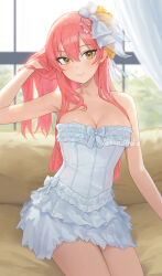 Rule 34 | 1girl, bare arms, bare shoulders, blush, breasts, brown eyes, cleavage, closed mouth, couch, dress, hair ornament, hand in own hair, highres, idolmaster, idolmaster cinderella girls, indoors, jougasaki mika, large breasts, long hair, looking at viewer, mixed-language commentary, nhaliz, pink hair, sitting, smile, solo, thighs, twitter username, white dress