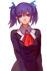 Rule 34 | 1girl, blue ribbon, blush, character request, d.gray-man, doren, hair ribbon, highres, looking at viewer, parted lips, purple eyes, purple hair, ribbon, short hair, short twintails, smile, solo, teeth, twintails, upper body
