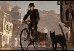 Rule 34 | 1girl, 4boys, absurdres, amon (lord of the mysteries), angel, bag, beard, belt, bicycle, black cat, black coat, black eyes, black hair, black headwear, black jacket, blonde hair, brown jacket, brown pants, brown shirt, building, carriage, cat, chinese commentary, clear sky, coat, commentary request, dress, facial hair, gloves, grey necktie, hat, highres, holding, holding bag, horse, jacket, lamppost, leonard mitchell, looking at animal, lord of the mysteries, monocle, multiple boys, necktie, old, old man, pants, pink dress, pollution, puddle, red gloves, riding, riding bicycle, road, shirt, sky, smile, steampunk, street, white shirt, window, yinyoushirenmaotouying