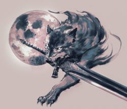 Rule 34 | absurdres, dark souls (series), dark souls i, full moon, great grey wolf sif, grey background, highres, looking at viewer, monochrome, moon, mouth hold, no humans, shimhaq, simple background, solo, sword, weapon, wolf