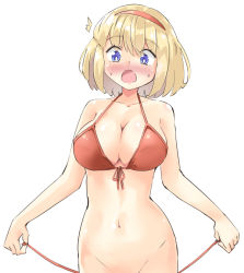 Rule 34 | 1girl, ^^^, alice margatroid, arnest, bad id, bad twitter id, bikini, blonde hair, blue eyes, blush, bottomless, breasts, cleavage, collarbone, front-tie top, groin, hairband, large breasts, lowleg, lowleg bikini, navel, notice lines, open mouth, out-of-frame censoring, red bikini, red hairband, short hair, side-tie bikini bottom, solo, surprised, swimsuit, thighs, touhou, untied bikini, white background