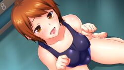 Rule 34 | 1girl, barefoot, blush, breasts, brown eyes, brown hair, covered erect nipples, cum, cum in mouth, feet, female focus, from above, game cg, indoors, legs, looking at viewer, medium breasts, one-piece swimsuit, onosato mina, open mouth, original, paw pose, psy-min appli -akumu no netorare game-, sameda koban, short hair, sitting, solo, swimsuit, thighs, toes