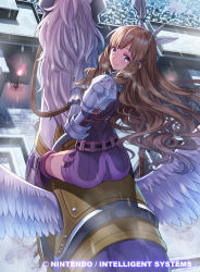Rule 34 | 1girl, armor, ass, brown hair, commentary request, company name, copyright name, day, dress, fire emblem, fire emblem awakening, fire emblem cipher, from behind, gauntlets, hair ornament, kousei horiguchi, long hair, looking at viewer, looking back, nintendo, official art, outdoors, pegasus, pegasus knight uniform (fire emblem), polearm, short dress, shoulder armor, shoulder pads, smile, solo, spear, sumia (fire emblem), thighhighs, weapon, wings, zettai ryouiki