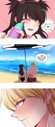 Rule 34 | !?, 1boy, 1girl, 3koma, absurdres, beach, black one-piece swimsuit, blush, bottle, brown hair, butterfly hair ornament, casual one-piece swimsuit, closed mouth, comic, day, ear piercing, english text, enjelicious, from behind, hair ornament, hairband, highres, holding, long hair, male swimwear, merryweather, ocean, one-piece swimsuit, one eye closed, ophelia (merryweather), original, outdoors, piercing, pink background, red male swimwear, red swim trunks, short hair, speech bubble, swim trunks, swimsuit, teeth, tyler (merryweather), upper teeth only
