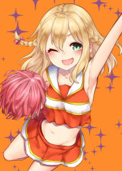 Rule 34 | 1girl, ;d, arm up, armpits, bare legs, bare shoulders, blonde hair, blush, braid, cheerleader, crop top, crop top overhang, fuyuki noel, green eyes, grimoire ~shiritsu grimoire mahou gakuen~, groin, highres, holding, holding pom poms, kamidanomi, leg up, long hair, looking at viewer, midriff, miniskirt, navel, one eye closed, open mouth, orange background, orange shirt, orange skirt, pom pom (cheerleading), sailor collar, shirt, skirt, sleeveless, sleeveless shirt, smile, solo, sparkle background, twin braids