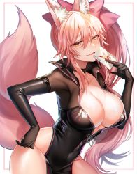 Rule 34 | 1girl, animal ear fluff, animal ears, black bodysuit, blush, bodysuit, bow, breasts, card, center opening, choker, cleavage, fate/grand order, fate (series), fox ears, fox girl, fox tail, gz (gyoju), hair between eyes, hair bow, highres, hip vent, koyanskaya (assassin) (first ascension) (fate), koyanskaya (fate), large breasts, long hair, looking at viewer, open mouth, pink bow, pink hair, playing card, ponytail, sidelocks, smile, solo, tail, tamamo (fate), yellow eyes