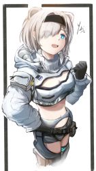 Rule 34 | 1girl, animal ears, arknights, aurora (arknights), bear ears, black gloves, black hairband, blue eyes, breasts, cleavage, commentary, crop top, cropped jacket, gloves, grey shorts, hair over one eye, hairband, hand up, highres, infection monitor (arknights), jacket, long sleeves, looking at viewer, midriff, navel, open mouth, short hair, short shorts, shorts, silver hair, solo, standing, stomach, white background, white jacket, yukikochenk