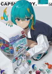 Rule 34 | 1girl, bird, black choker, blonde hair, blue eyes, blue hair, blue nails, blue sweater, blush, choker, coin, collarbone, collared shirt, couch, cover, cover page, earrings, english text, fake magazine cover, fish, full body, gashapon, gashapon machine, grey background, grey skirt, hair behind ear, hair between eyes, highres, holding, holding coin, holding money, jewelry, leaning on object, lobster, long sleeves, looking to the side, magazine cover, medium hair, money, multicolored hair, nail polish, noeru, original, penguin, plaid, plaid skirt, pouty lips, shadow, shirt, sideways glance, simple background, single earring, skirt, solo, squatting, streaked hair, sweater, white shirt, wide sleeves