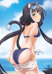 Rule 34 | 1girl, absurdres, animal ear fluff, animal ears, ass, bikini, black hair, blue-tinted eyewear, blue bikini, blue sky, bow, breasts, cat ears, cat girl, cat tail, clothes pull, cloud, cowboy shot, day, enpitsu (pixiv631743), eyewear on head, fang, floating hair, green eyes, hair bow, highres, karyl (princess connect!), karyl (summer) (princess connect!), long hair, looking at viewer, looking back, low twintails, ocean, open mouth, outdoors, princess connect!, red bow, shorts, shorts pull, side-tie bikini bottom, sky, small breasts, solo, standing, sunglasses, swimsuit, tail, tinted eyewear, twintails, undressing, very long hair, white shorts