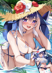 Rule 34 | 1girl, :d, bikini, blue hair, breast tattoo, breasts, cellphone, choker, commentary request, flower, hat, hat flower, hibiscus, highres, holding, holding phone, indie virtual youtuber, large breasts, multicolored hair, navel, open mouth, phone, purple bikini, purple eyes, red flower, shylily, shylily (bikini), smartphone, smile, solo focus, squchan, stomach, sun hat, swimsuit, tattoo, thighs, virtual youtuber, wading, water, white hair