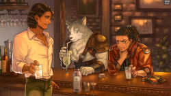 Rule 34 | 3boys, armor, bar (place), black hair, brown jacket, chest hair, cocktail glass, copyright name, cup, dark-skinned male, dark skin, dreadlocks, drinking, drinking glass, drinking straw, earrings, eye contact, facial hair, food, fruit, furry, furry male, gloves, grabbing, green eyes, hair ornament, hand on own neck, highres, holding, holding cup, indoors, jacket, jewelry, kerberos blade, lemon, lemon slice, looking at another, male focus, multiple boys, o-ring, painting (object), pants, pectoral grab, scar, scar on face, scar on nose, shot glass, sitting, standing, stubble, stud earrings, sweatdrop, tsukioka keru, unworn gloves, wine glass