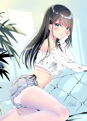 Rule 34 | 1girl, black hair, black panties, blue eyes, blush, cheek rest, couch, crop top, denim, denim shorts, elbow rest, frilled shirt, frills, from side, grey shorts, hair ornament, hairclip, hand on own face, highres, kobayashi chisato, pantyhose under shorts, long hair, long sleeves, looking at viewer, midriff, navel, off-shoulder shirt, off shoulder, on couch, open mouth, original, panties, panty straps, pantyhose, see-through, see-through shirt, shirt, short shorts, shorts, sidelocks, signature, sitting, smile, solo, straight hair, sunlight, swept bangs, thighband pantyhose, thighs, underwear, white pantyhose, white shirt