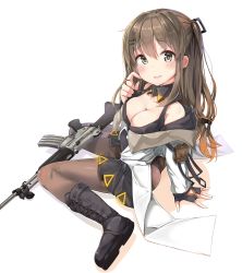 Rule 34 | 1girl, arm support, ass, assault rifle, black dress, black footwear, black gloves, boots, breasts, brown hair, brown pantyhose, cleavage, cross-laced footwear, daewoo k2, dress, fingerless gloves, girls&#039; frontline, gloves, grey eyes, gun, hair between eyes, hair ornament, hairclip, highres, j young, jacket, k2 (girls&#039; frontline), lace-up boots, long hair, long sleeves, looking at viewer, medium breasts, open clothes, open jacket, panties, panties under pantyhose, pantyhose, pleated dress, rifle, sitting, solo, underwear, very long hair, wariza, weapon, white background, white jacket