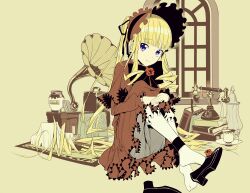 Rule 34 | 1girl, absurdres, alternate eye color, antique phone, black bow, black bowtie, black footwear, blonde hair, bloomers, bonnet, book, book stack, bow, bowtie, capelet, closed mouth, commentary request, cup, dress, drill hair, flower, footwear flower, frilled dress, frilled sleeves, frills, full body, grey bloomers, highres, hugging own legs, jar, lolita fashion, long hair, long sleeves, looking at viewer, pantyhose, phonograph, plate, purple eyes, red capelet, red dress, red flower, red headwear, red rose, rose, rozen maiden, shinku, shoe dangle, sidelocks, sitting, smile, solo, suitcase, teacup, teapot, twintails, underwear, white pantyhose, window, xinjinjumin
