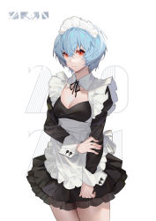 Rule 34 | 1girl, absurdres, alternate costume, apron, ayanami rei, black dress, black ribbon, blue hair, breasts, cleavage, closed mouth, collar, commentary, cowboy shot, detached collar, dress, duplicate, enmaided, eyebrows hidden by hair, frilled apron, frills, hair between eyes, highres, juliet sleeves, koi han, long sleeves, looking at viewer, maid, maid headdress, medium breasts, neck ribbon, neon genesis evangelion, pleated dress, puffy sleeves, red eyes, ribbon, short hair, small breasts, solo, standing, waist apron, white apron, white background, white collar, wing collar