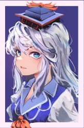 Rule 34 | 1girl, absurdres, blue eyes, blue hair, blue headwear, commentary, highres, kamishirasawa keine, long hair, looking at viewer, multicolored hair, neckerchief, open mouth, red neckerchief, sidelocks, solo, touhou, two-tone hair, upper body, white hair, yuhel